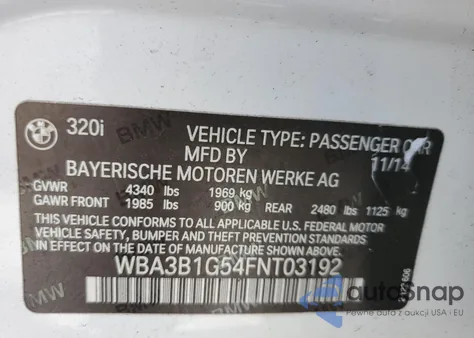 2015 BMW 320 I из США, поврежденный, VIN WBA3B1G54FNT03192